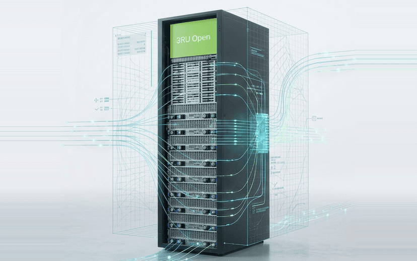The Corespan Mercury Rack — a vendor-neutral composable rack platform with 72 double-wide PCIe Gen5 GPU slots, up to 1.2PB of composable NVMe per PRU 2500, and up to 111 kW of rack power.